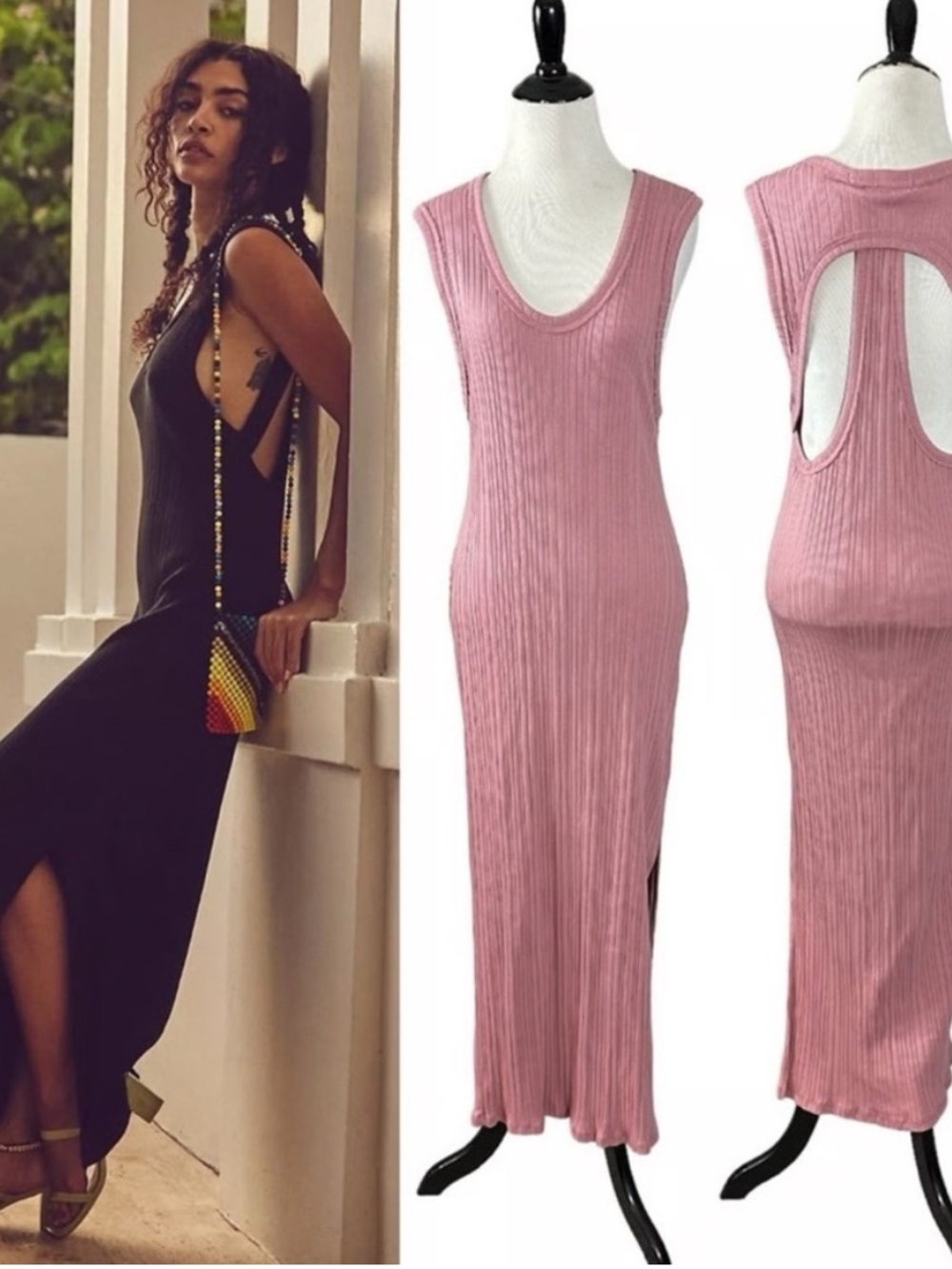 FREE PEOPLE BEACH Wave Cut Out Back Ribbed Maxi Tank Dress w/ Side Slit Size S